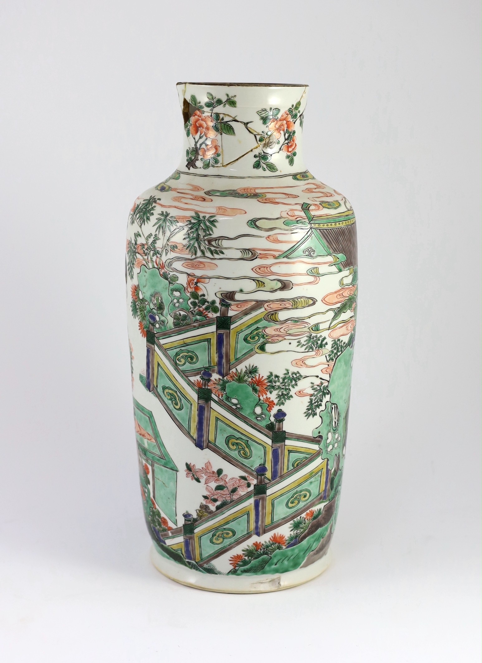 A Chinese famille verte ‘Four Beauties’ vase, Kangxi period, 41.5cm high, neck damaged